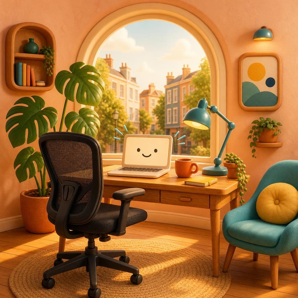 Illustration of a welcoming workspace with golden sunlight, honey-coloured desks, leafy plants and a smiling laptop.