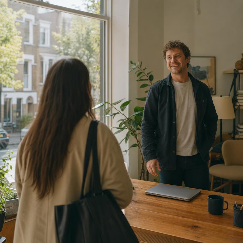 A host welcoming a local professional to a prepared desk beside a window in an independent office.