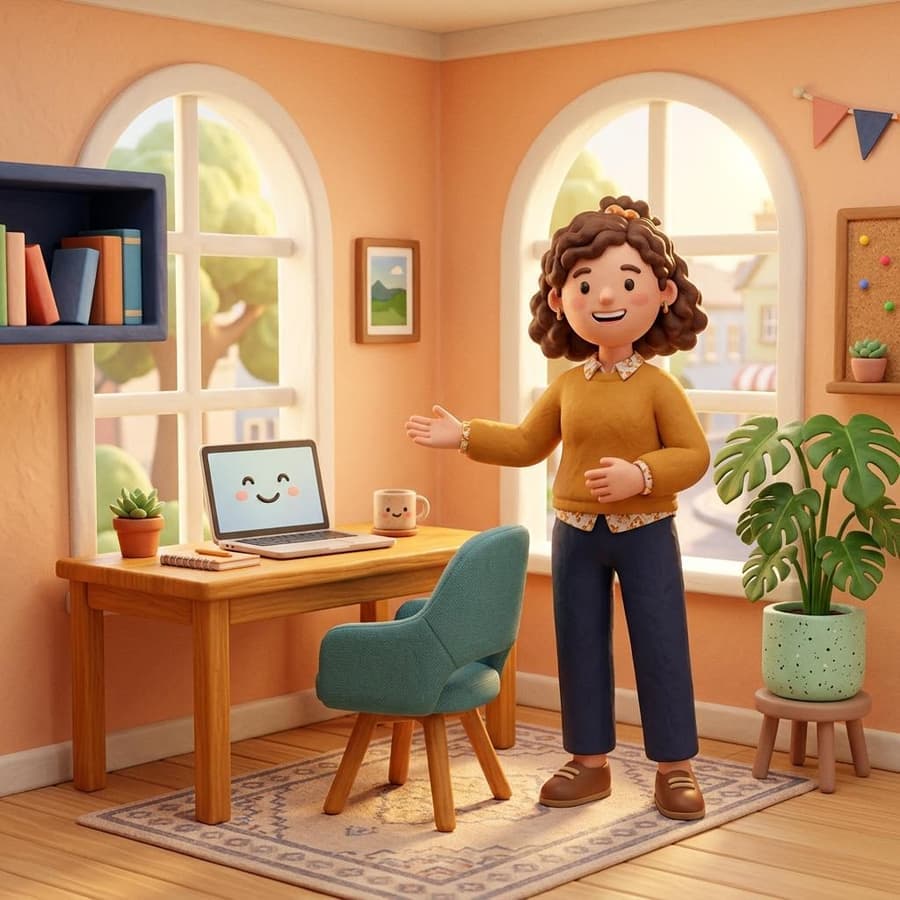 Illustration: a Desk Host pointing to a sunny spare oak desk with a chair and plants